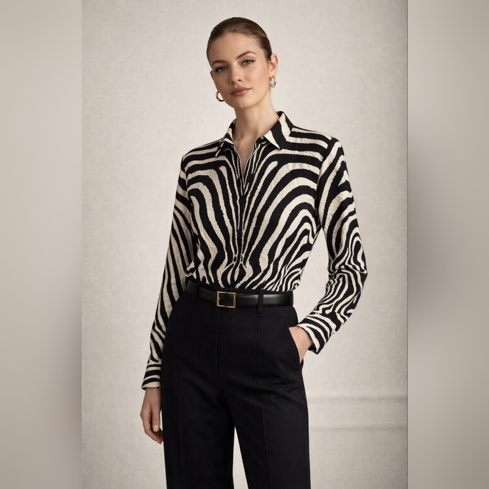 Laurel Silk Zebra Print Blouse Vintage Y2K Black Ivory Button Front EU 34